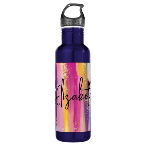 Colorful Rainbow Stripes with Faux Gold Glitter Stainless Steel Water Bottle
