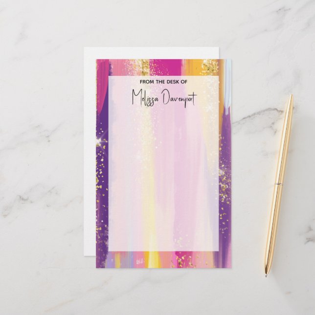 Colorful Rainbow Stripes with Faux Gold Glitter Stationery (Front/Back In Situ)