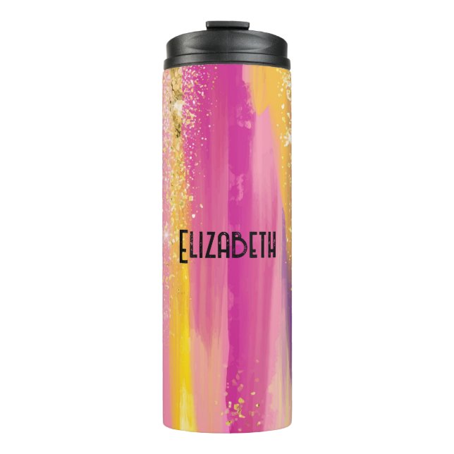 Colorful Rainbow Stripes with Faux Gold Glitter Thermal Tumbler (Front)