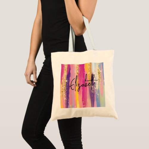 Colorful Rainbow Stripes with Faux Gold Glitter Tote Bag