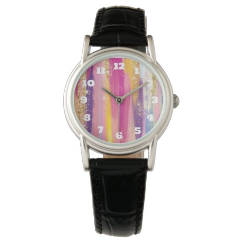 Colorful Rainbow Stripes with Faux Gold Glitter Watch