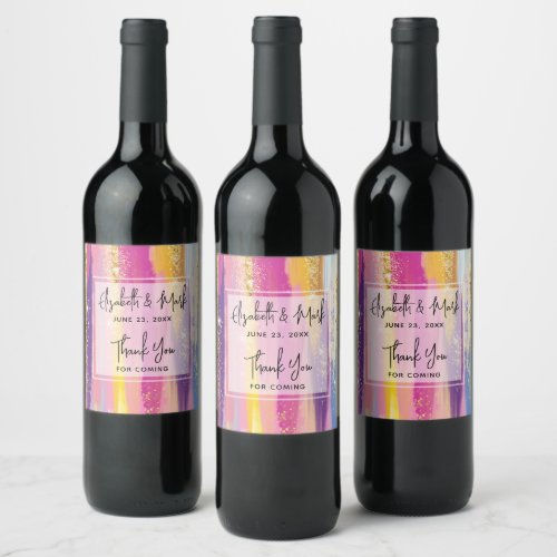 Colorful Rainbow Stripes with Faux Gold Glitter Wine Label