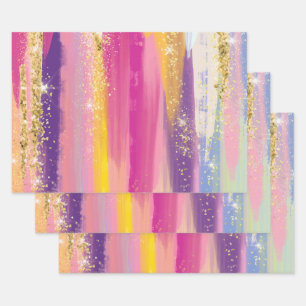 Colorful Rainbow Stripes with Faux Gold Glitter Wrapping Paper Sheets