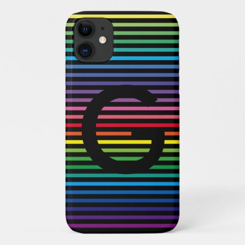 Colorful Rainbow Stripes Your Initial Black iPhone 11 Case