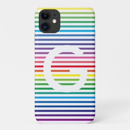 Colorful Rainbow Stripes Your Initial White iPhone 11 Case