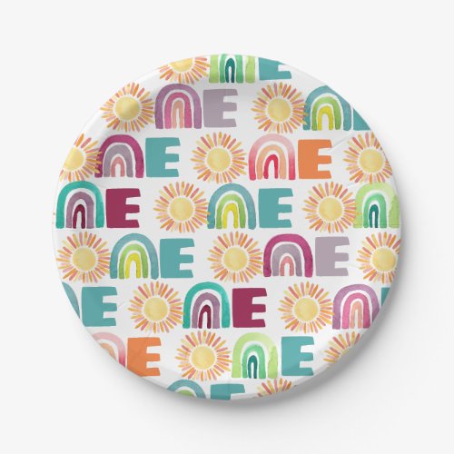 Colorful Rainbow  Suns 1st Birthday Watercolor Paper Plates