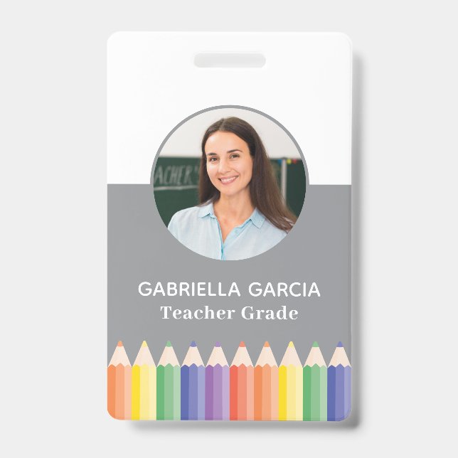 Colorful Rainbow Teacher Photo ID badge (Front)
