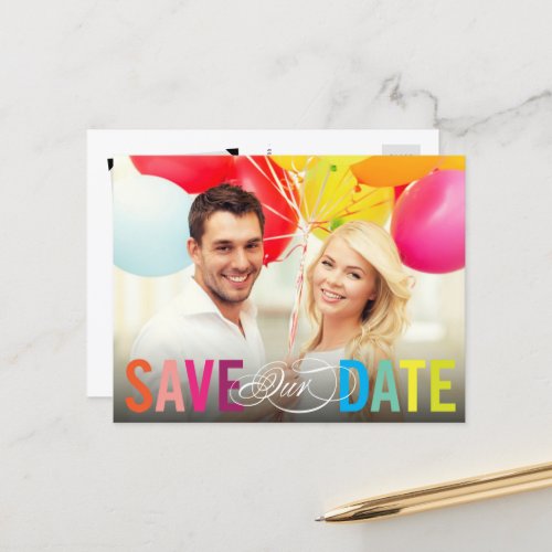 Colorful Rainbow Text Modern Photo Save The Date Announcement Postcard