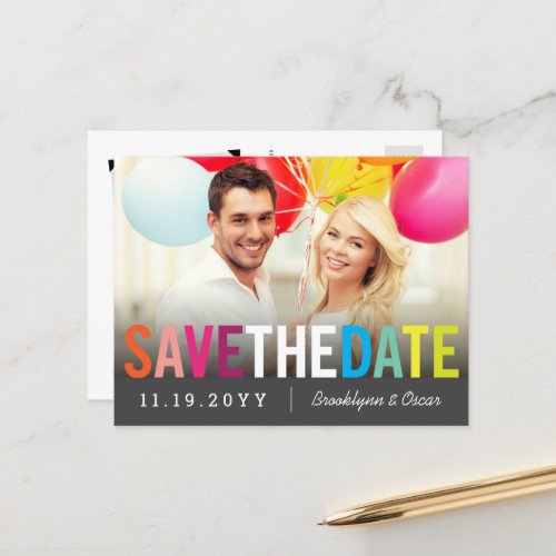 Colorful Rainbow Text Modern Photo Save The Date Announcement Postcard