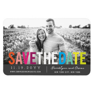Colorful Rainbow Text Modern Photo Save The Date Magnet