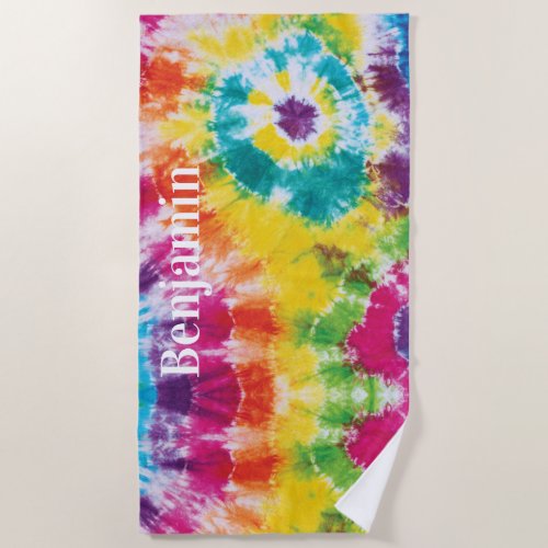 Colorful Rainbow Tie Dye Custom Name Beach Towel