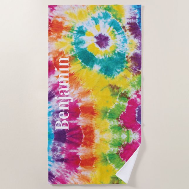 Colorful Rainbow Tie Dye Custom Name Beach Towel (Front)