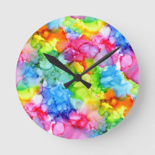 Colorful Rainbow Tie Dye Ink Round Clock