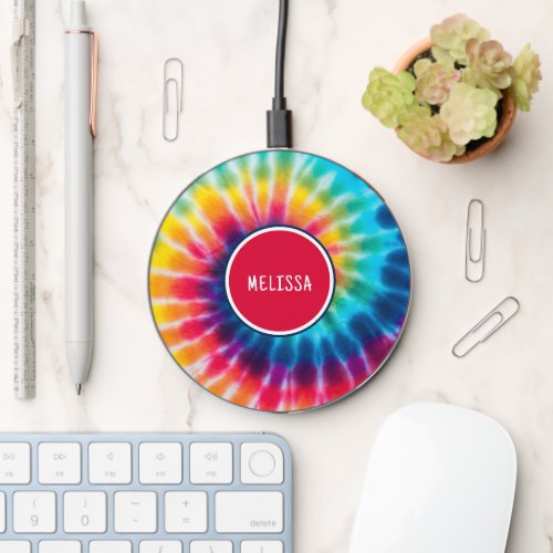 Colorful Rainbow Tie Dye Personalized Name Wireless Charger