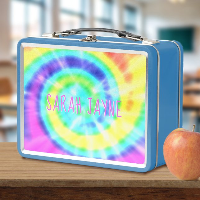 Colorful Rainbow Tie Dye Trippy Metal Lunch Box (Trippy tie dye lunch box just for you. Add your name!)