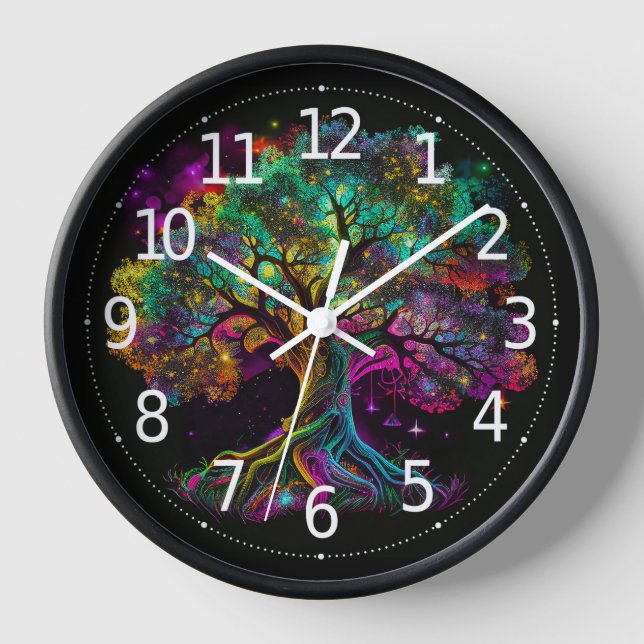 Colorful Rainbow Tree Fireflies Modern Artwork | Clock (Front)