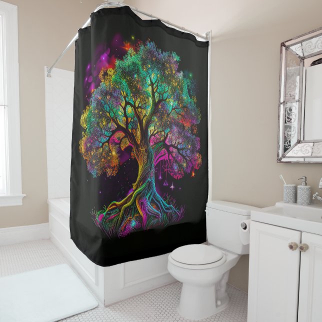 Colorful Rainbow Tree Fireflies Modern Artwork | Shower Curtain (In Situ)