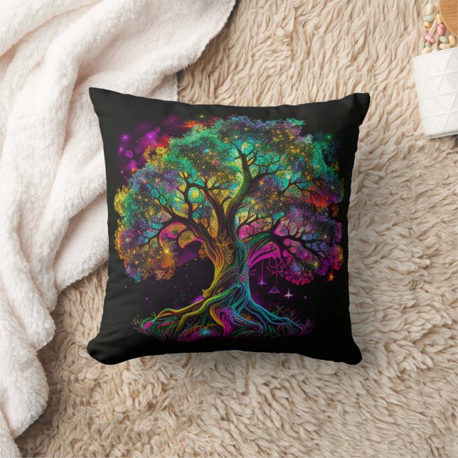 Colorful Rainbow Tree Fireflies Modern Artwork | Throw Pillow (Blanket)