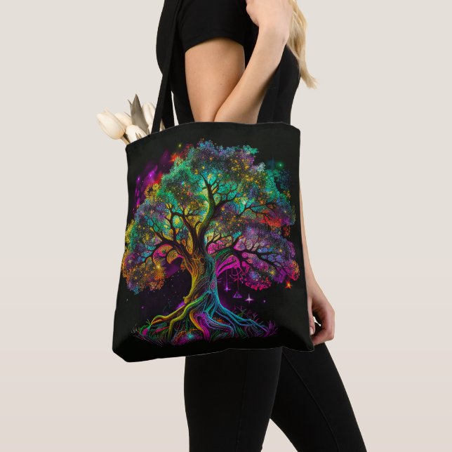 Colorful Rainbow Tree Fireflies Modern Artwork | Tote Bag (Close Up)