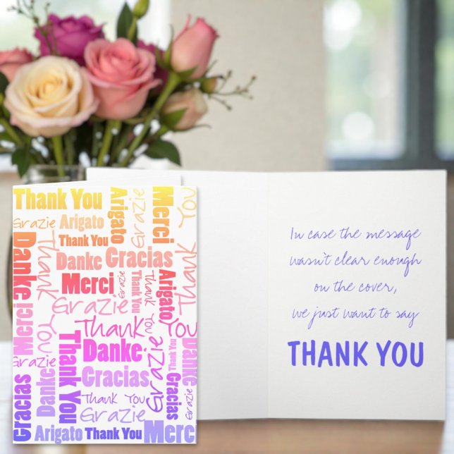 Colorful Rainbow Typography Multilingual Thank You Card (Multicolor and multilingual thank you typography with blue inside template text message,)