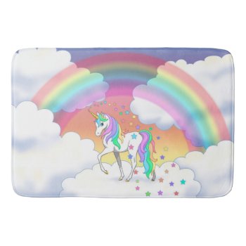 Colorful Rainbow Unicorn And Stars Bathroom Mat by Fun_Forest at Zazzle