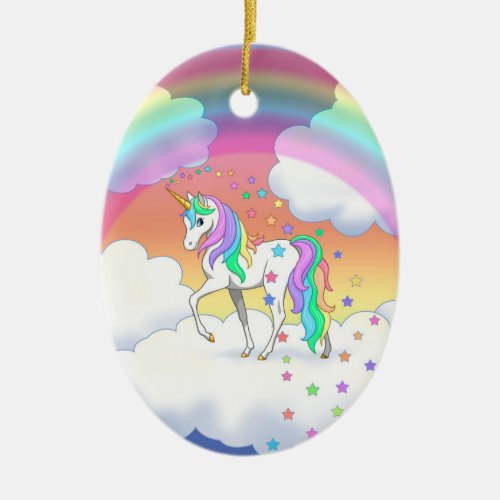 Colorful Rainbow Unicorn and Stars Ceramic Ornament