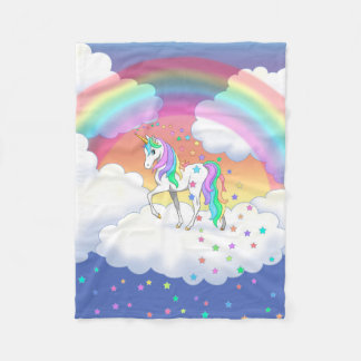 Colorful Rainbow Unicorn and Stars Fleece Blanket