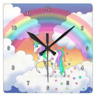 Colorful Rainbow Unicorn and Stars Large Clock