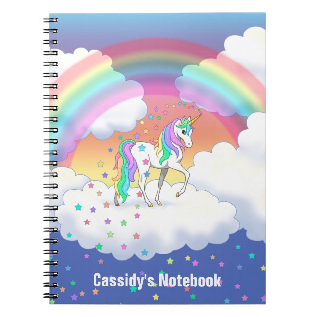 Colorful Rainbow Unicorn and Stars Notebook (Front)