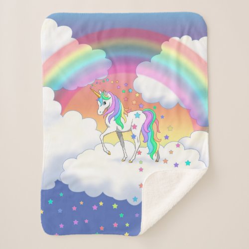 Colorful Rainbow Unicorn and Stars Sherpa Blanket