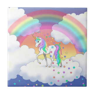 Colorful Rainbow Unicorn and Stars Tile