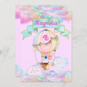 Colorful Rainbow Unicorn Hot Air Balloon Birthday Invitation