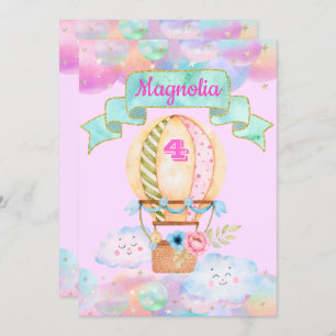 Colorful Rainbow Unicorn Hot Air Balloon Birthday Invitation