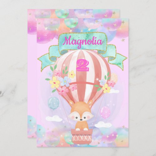 Colorful Rainbow Unicorn Hot Air Balloon Brown Fox Invitation