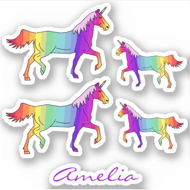 Colorful Rainbow Unicorn Name Kids Sticker (Front)