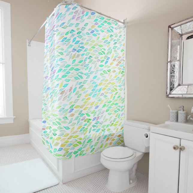 Colorful Rainbow Watercolor Leaf Feather Pattern Shower Curtain (In Situ)
