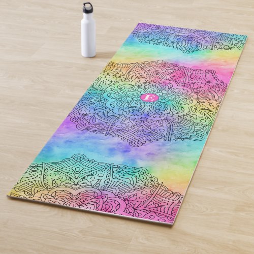 Colorful Rainbow Watercolor Monogram Yoga Mat