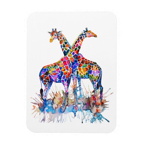 Colorful Rainbow Watercolor Splatter Giraffes Magnet