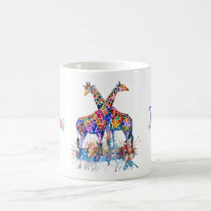 Colorful Rainbow Watercolor Splatter Giraffes Name Coffee Mug