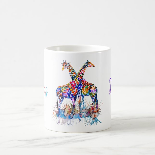 Colorful Rainbow Watercolor Splatter Giraffes Name Coffee Mug (Center)