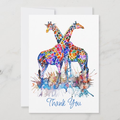 Colorful Rainbow Watercolor Splatter Giraffes Thank You Card