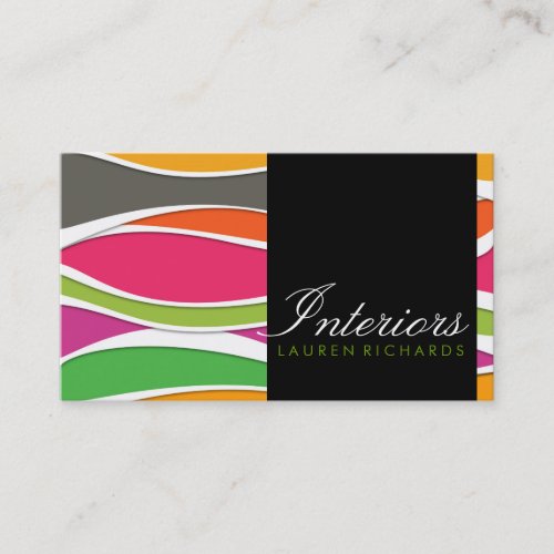 Colorful rainbow waves  black interior design business card