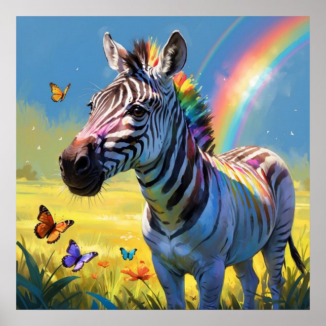 Colorful Rainbow Zebra with Butterflies Painting Poster (Front)