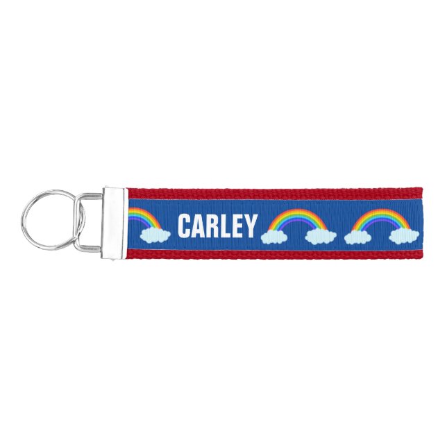 Colorful Rainbows Personalised Blue Wrist Keychain (Keys on Left)