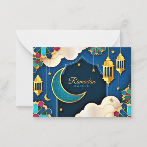 Colorful Ramadan Kareem Gold Crescent        Note Card