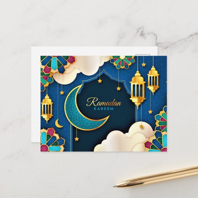 Colorful Ramadan Kareem Gold Crescent       Postcard (Front/Back In Situ)