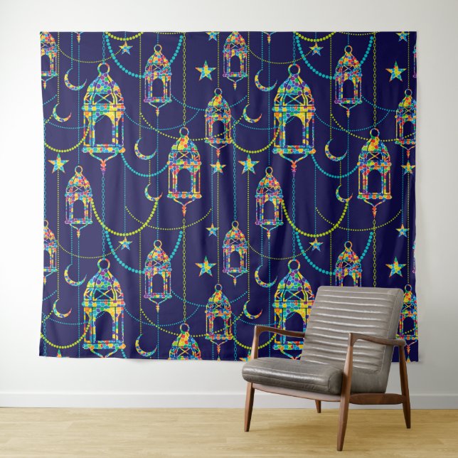 Colorful Ramadan symbols pattern Tapestry (In Situ (Horizontal))