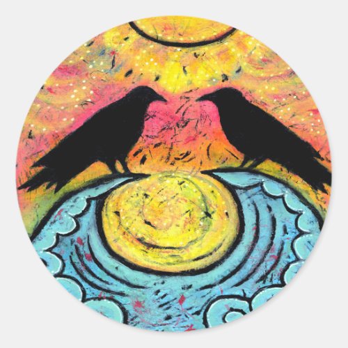 Colorful Raven on Ocean Waves Sticker