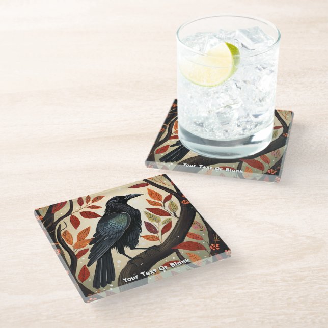 Colorful Raven Perched in a Tree Glass Coaster (Angled)