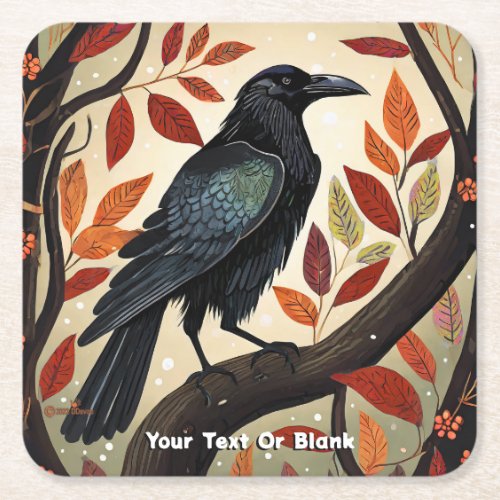 Colorful Raven Perched in a Tree Square Paper Coaster